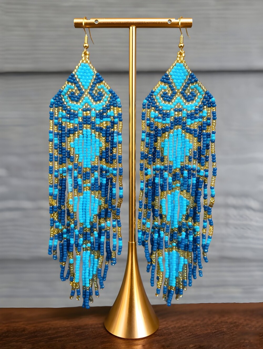 Reign Boho Fringe Beaded Earrings Handmade Coastal Seed Bead Jewelry - Blue Gold